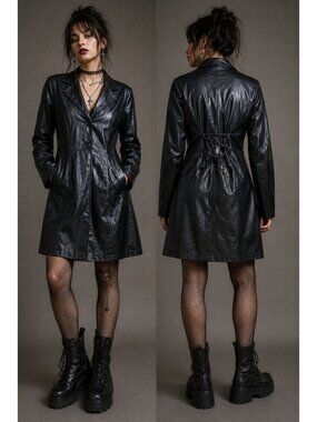 90s Black Faux Leather Witchy Goth Grunge Trench Coat Jacket Womens M